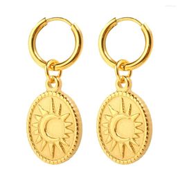 Stud Earrings JINHUI Vintage Round Coin Pendant Sun Moon Engraved Gold Colour Stainless Steel Fashion Simple Women's Jewellery