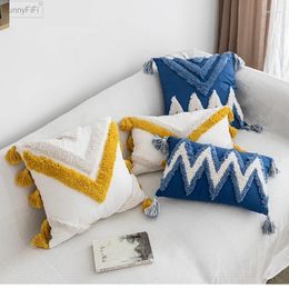 Pillow Handmade Cover Moroccan Style Abstract Zigzag Navy Blue Pillowcase Tassels Fringe Square Rectangle
