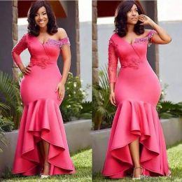 Dresses Aso Ebi 2019 High Low Evening Dresses Formal Mermaid Dresses Style African Fuchsia Lace Beaded Trumpet Plus Size Occasion Prom Gow