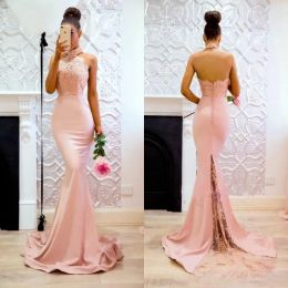 Dresses Blush Pink Evening Dresses High Neck Sleeves Lace Prom Gowns Back Zipper Mermaid Sweep Train Custom Made Graceful Vestidos De Noiv