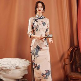 Traditional Chinese Women Flower Cheongsam Vintage Print Split Evening Party Dress Sexy Ladies Robe Gown Elegant Qipao Vestidos Et2663623