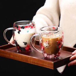 Wine Glasses 350ml 3Color Double Layer Flower Transparent Cup Heat Resistant Creative Coffee Milk Mugs Ice Cream Dessert Pudding Drink