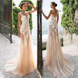 Dresses Marvellous Tulle & Lace Bateau Neckline Prom Dress Seethrough Sheath With Appliques Champagne Evening Gown vestido de formatura