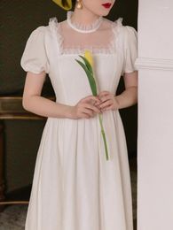 Party Dresses SWEETXUE French Vintage Mesh Panel White Dress Female Summer Elegant Temperament Puff Sleeve Lace Ruffle Long