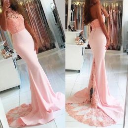 Dresses Popular Stretch Satin High Collar Neckline Mermaid Prom Dresses With Beaded Lace Appliques & Belt Pink Backless Evening Dress