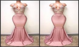 2019 New Sexy Backless Dusty Pink Prom Dresses Mermaid Spaghetti Appliqued Beaded Long Train Party Gowns Custom Made Occasion Even6829646