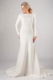 Dresses 2019 New Mermaid Crepe Long Modest Wedding Dresses With Long Sleeves Boat Neck Simple Elegant Religious LDS Temple Wedding Gowns M