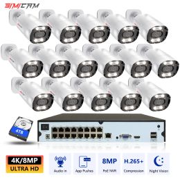 System 4K 8MP POE Security Surveillance System Kit 16CH NVR Set Metal Bullet Camera TwoWay Audio Color Night Vision Street Waterproof