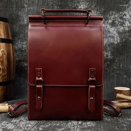 Backpack High Fashion Men Women Genuine Leather Daypack For Male Female Bagpack School Bags Dark Red Brown Travel