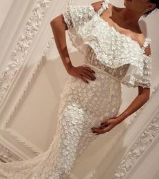 Floral Applique Mermaid Prom Dresses Fashion Off Shoulder Zipper Back Lace Sweep Train Party Dress Glamorous Saudi Celebrity Eveni2870275