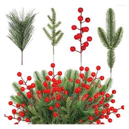 Decorative Flowers 100 Pieces Artificial Pine Needles Branches And Red Berry Stems Fake Greenery Picks Christmas