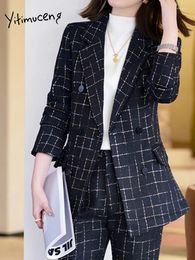 Women's Two Piece Pants Korean Style Temperament Plaid Fashion Formal Wear Office Women Pant Work Long Sleeve 2024 Casual Blazers Suits