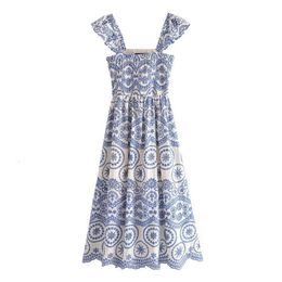 2024 New European And American Style Women's Hollowed Out Light Blue Embroidered Flower Slim Fitting Suspender Dress