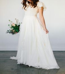 Flowy Chiffon Modest Wedding Dresses 2020 Beach Short Sleeves Beaded Belt Temple Bridal Gowns Queen Anne Neck Informal Reception D6404687