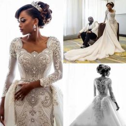 Dresses Luxury Crystal Beading Wedding Dresses With Detachable Train Real Picture Scoop Long Sleeve Bridal Gowns Sweep Train Bling Wedding