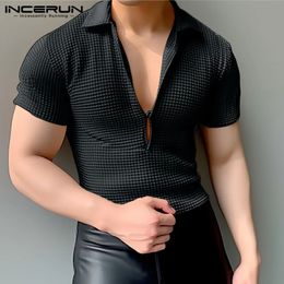 INCERUN Tops 2024 Korean Style Fashion Mens Texture Deep V Design T-shirts Casual Streetwear Short Sleeve Knitted Camiseta S-5XL240402