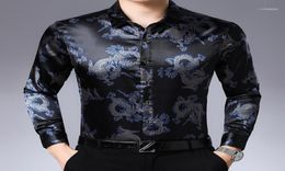 Men039s Casual Shirts Dragon Printed Mens Satin Royal Blue Long Sleeve Chinese Style Clothing Social12654118