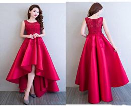 Burgundy High Low Cocktail Party Dresses 2019 Applique Satin Formal Evening For 16 Sweet Girls Skirt Cheap Prom Gowns8085693