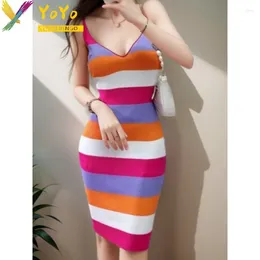 Casual Dresses Sexy Knitted Stripe V-neck Spaghetti Strap Dress 2024 Romantic French Summer Sweater Slim Bodycon Party Nightclub