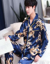 FZSLCYIYI Summer Suit Long Sleeve pants Silk Men Pajama Sets Sleep Dragon Phoenix Print Satin Sleepwear Rayon Pyjama Men Pyjamas9991179