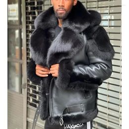 Men's Jackets 2024 Black Large Fur Collar Hooded Thickened Plush Leather Coat High End Fashion