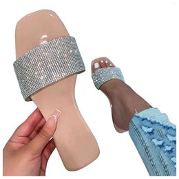 Slippers Rhinestone Flat-Bottom Women's Sandals Fashion Women Square Toe Slipper Womens Walking Flat Flip Flop Footwear