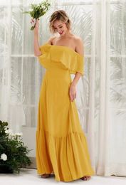 Fashion Off The Shoulder Evening Dresses Yelloew Chiffon A Line Floor Length Bridesmaid Dresses