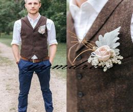 Dark Brown Wool Tweed Herringbone Wedding Groom Vests Groomsmen Vests VNeck Men039s Suit Vests Vest Men039s Dress Vest Wais1810087