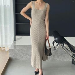 Casual Dresses 2024 Women Sexy Sleeveless A-Line Long Dress Solid Color Knitted Material High Stretch Slim Sweater Maxi Vestidos