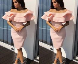 New Blush Pink Sheath Homecoming Dresses Off Shoulder Ruched Ruffles Knee Length Cocktail Dresses Short Prom Dress Party Gowns8101472