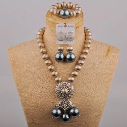 Tools Fashion Grey Glass Pearl Bridal Jewelry African Ladies Wedding Bead Nigerian Bride Wedding Jewelry Set Sh55