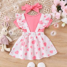 Clothing Sets Born Infant Baby Girls Summer Outfits Pink Short Sleeve Romper Printing Suspender Dress Headband Clothes Set