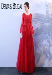 2018 Red ALine Evening Dresses with Illusion Long Flare Long Sleeves Scoop Neckline Crystal Pearls Lace Real Imgaes Prom Gowns XG7358554