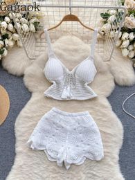 Women's Tracksuits Gagaok Beach Style Knitted Two Piece Set Women 2024 Summer Slimming Short Camisole Top Crochet High Waist Shorts Clothes