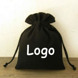 Other 50pcs Black Canvas Drawstring Bag Jewelry Packaging Cotton Canvas Pouch Reusable Sachet Makeup Gift Packing Sack Custom