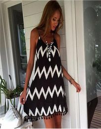 Casual Women Backless Dress Tassel Fringe Trim Dresses Mini Striped Zig Zag Black White Swing Summer Dress Vestido Vestidos Womens2534007