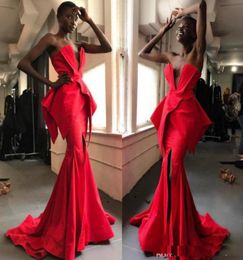 Sexy Runway Fashion Red Mermaid Evening Gowns deep vneck Peplum South African Prom Dresses Cheap Formal Party Vestidos Custom Mad4932578
