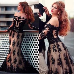 Dresses OfftheShoulder Neckline Aline Evening Dresses With Lace Appliques Black Long Sleeves Prom Dress Illusion Back Party Dresses