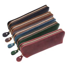Bags Handmade Cowhide Leather Vintage Zipper Pen Pencil Case Stationery Storage Bag Xmas gifts