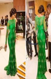 Sheer lace Long sleeves evening dress with bateau Emerald Green prom dresses mermaid celebrity vestidos de fiesta evening gowns5920302