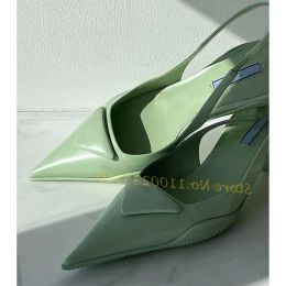 Sandals Pointy Toe Slingback Shallow Sandals Women Summer Low Heel Triangle Decor Luxury Green Sandals Lady Bare Heels Trend Dress Shoes