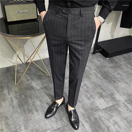 Men's Suits Brand Clothing Slim Fit Cotton Stripe Suit Pants Male High Quality Business Trousers Men Leisure Grid Cropped
