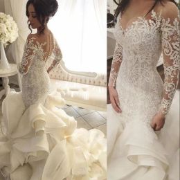 Dresses Arabic Long Sleeves Wedding Dresses Sheer Neck Organza And Lace Bridal Dress Tiers Sexy Back Covered Button Wedding Gowns Vestidos