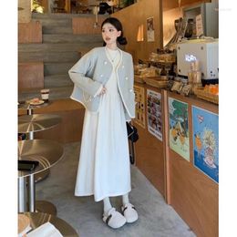 Work Dresses Fragrance Coat Knit Dress Two Piece Set Women Half High Collar Solid Temperament Underlay Sweet Double Breasted Woollen Fall