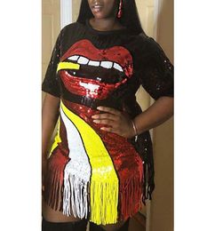 OMILKA Glitter Red Lips Printed Sequin Dress 2020 Autumn Women Short Sleeve Club Party Tassel Shiny Plus Size T Shirt Dress 4XL2781701