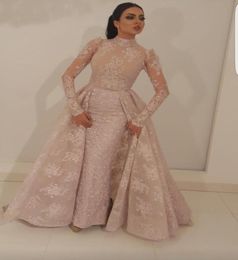 2021 Light Pink Elegant Aso Ebi Mermaid Evening Dresses Wear High Neck Full Lace Applique Party Dress Sweep Train Overskirts Long 6313850