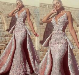 Dresses 2019 Gorgeous Mermaid Prom Dresses With Detachable Train Deep V Neck Lace 3D Floral Appliqued Evening Dress Beads Long Quinceanera