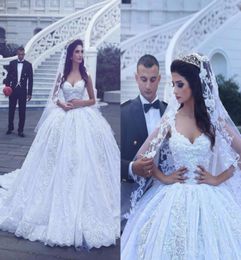 2020 Saudi Arabia Ball Gown Wedding Dresses Sweetheart Cap Sleeves Lace Appliques Crystal Beaded Plus Size Court Train Formal Brid5294067