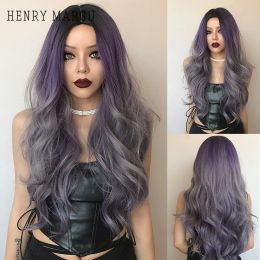 Wigs HENRY MARGU Ombre Purple Ash Long Synthetic Wigs for Women Body Wave Hair Heat Resistant Natural Colourful Cosplay Lolita Wig