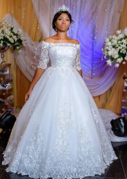 Dresses Arabic Nigerian Aline Wedding Dresses Sheer Neck Half Sleeves Backless Sweep Train Lace Up Back Wedding Bridal Gowns Custom HY414